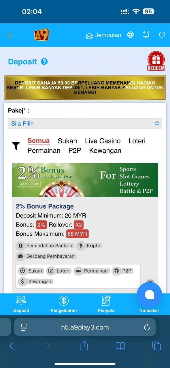 Halaman promosi bonus 1 peratus A9Play dengan deposit minimum RM20