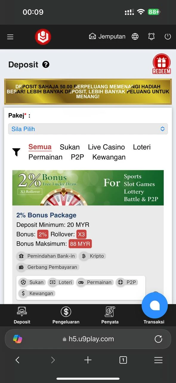 Halaman promosi bonus 1 peratus U9Play dengan deposit minimum RM20