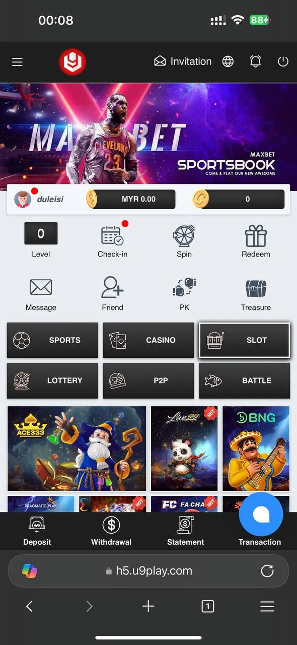 Paparan halaman utama U9Play pada iPhone 14 Pro Max