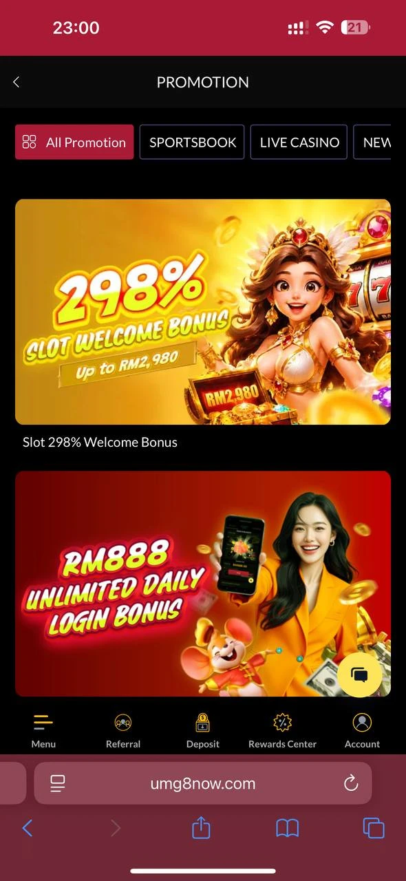 Halaman bonus deposit harian UMG8 dengan deposit minimum RM30